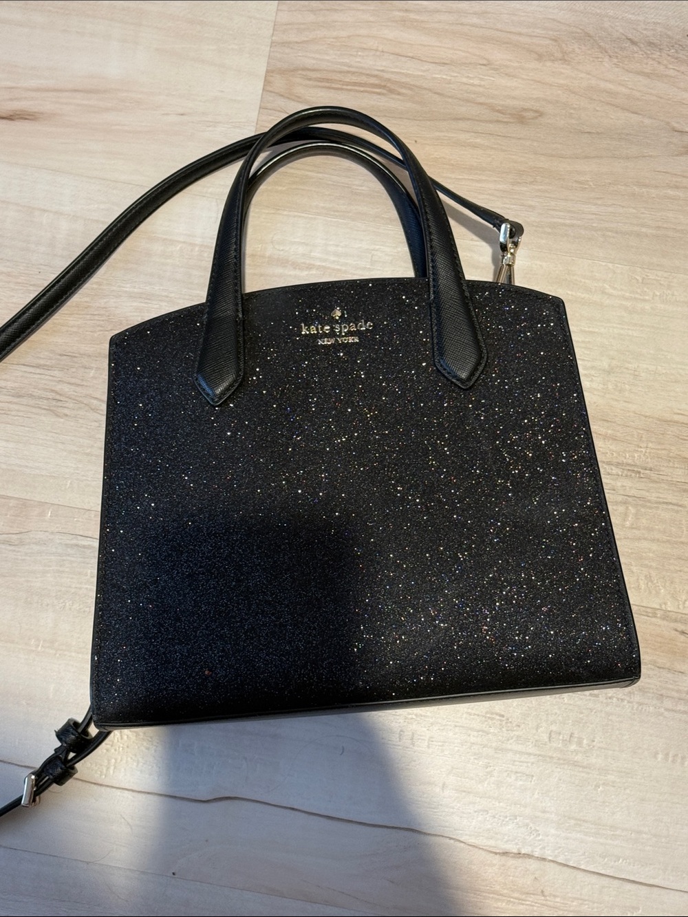 kate spade Black Glitter Satchel with Gold Logo